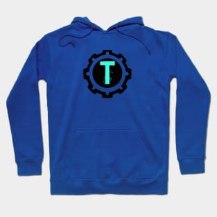 Ice Blue Letter T in a Black Industrial Cog Hoodie